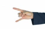 Businessman Rock Finger Sign Isolated On White Background Stock Photo