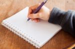 Woman Hand With Pen Writing On Notebook Stock Photo