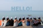 Women Friends Sit Hug Together Look Hello! Blue Sea Sky Stock Photo