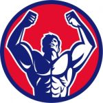 Body Builder Flexing Muscles Circle Retro Stock Photo