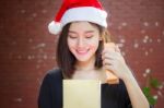 Portrait Of Thai Adult Student University Beautiful Girl Hold Gift Box In Hands Stock Photo