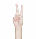 Closeup Hand Gesture Victory Isolated White Clipping Path Inside Stock Photo