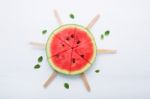 Watermelon Slice Popsicles On White Background Stock Photo