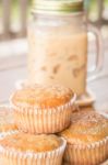 Banana Muffins And Iced Coffee Stock Photo