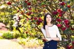 Young Beautiful Woman With Long Straight Dark Hair Posing In Spr Stock Photo