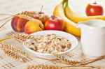 Bowl Of Muesli For Breakfast With Fruits Stock Photo