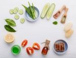 Natural Herbal Skin Care Products. Top View Ingredients Cucumber Stock Photo