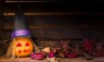 Original Decorations With Pumpkins And Halloween Witch Hats Stock Photo