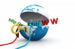 World Wide Web Internet Concept, Opened Earth Globe With Compute Stock Photo