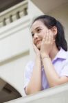 Portrait Of Thai High School Student Uniform Teen Beautiful Girl Happy And Relax, Stock Photo