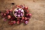 Shallots Still Life Wood Background Stock Photo