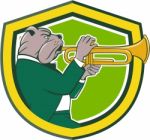 Bulldog Blowing Trumpet Side Shield Cartoon Stock Photo