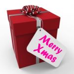 Merry Xmas Gift Means Happy Christmas Greetings Stock Photo