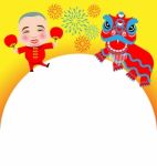 Chinese New Year Lion Dance And Man With Smile Mask Stock Photo