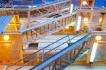 Fire Escape Ladder Upper View On Offshore Platform With Lighting Stock Photo