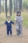 Asian Little Cute Brother Of Boy And Girl Hand In Hand Walking In Pine Forest With Happiness Smiling Face Stock Photo