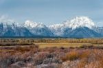 View Of The Grand Teton Mountain Range Stock Photo