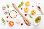 Ingredients For Homemade Pasta On Wooden Background Stock Photo