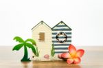 House With Palm Tree And Orange Plumeria Stock Photo