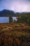 Cradle Mountain In Tasmania On A Cloudy Day Stock Photo