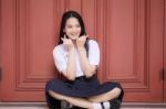 Portrait Of Thai High School Student Uniform Teen Beautiful Girl Happy And Relax, Stock Photo