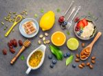 Ingredients For The Healthy Foods Background Mixed Nuts, Honey, Stock Photo