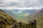 Valley With A Lake And Hills Stock Photo