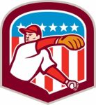 American Baseball Pitcher Throw Ball Shield Cartoon Stock Photo