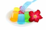 Multicolored Jellies With Fork Stock Photo