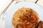 Italian Seafood Spaghetti Pasta On Red Tomato Sauce Stock Photo