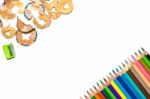 Color Pencil And Pencil On White Background Stock Photo