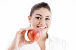 Smiling Lady Holding Apple Stock Photo