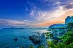 Busan, South Korea - June 1: Dongbaek Island With Nurimaru Apec House And Gwangan Bridge At Sunset In Busan On June 1, 2015 In Busan, South Korea Stock Photo