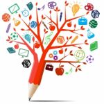 Red Tree Pencil With Back To School Concept Stock Photo