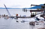 Destroyed  By Thunderstorm Piers With Boats In Verbania, Italy Stock Photo