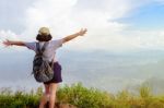 Tourist Teen Girl On Phu Chi Fa Mountain Stock Photo