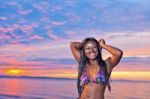 Beautiful Black African American Woman Posing On The Beach At Su Stock Photo