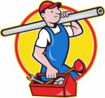 Plumber With Pipe Toolbox Cartoon Stock Photo