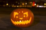 Carved Lit Halloween Pumpkin Stock Photo