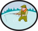 Fly Fisherman Casting Fly Rod Oval Cartoon Stock Photo