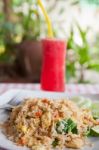 Red Watermelon Juice And Tofu Vegetable Fried Rice Stock Photo