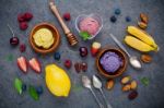 Flat Lay Ice Cream With Various Fruits Raspberry ,blueberry ,str Stock Photo