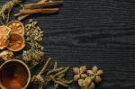 Dried Herbs And Ginseng, Top View Of Thai Herbs And Ginseng On Wooden Floor Stock Photo