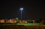 Night Public Park In The City With Houses Near Stock Photo