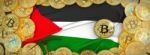 Bitcoins Gold Around Palestine  Flag And Pickaxe On The Left.3d Stock Photo