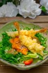 Fresh Japanese Tempura Shrimps With Salad Stock Photo