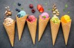 Various Of Ice Cream Flavor In Cones Blueberry ,strawberry ,pist Stock Photo