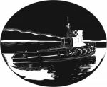 River Tugboat Oval Woodcut Stock Photo