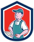 Bricklayer Mason Plasterer Shield Cartoon Stock Photo