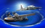 Flying Of Many Kind Of Old Classic Plane Over Fantasy Blue Ocean Stock Photo